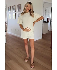 Pinkblush Maternity Cream Ribbed Short Sleeve Short Set