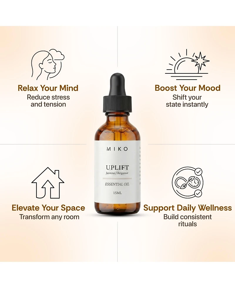 Miko Uplift Essential Oil Blend with Jasmine and Bergamot for Energy and Clarity Made in Usa 15ml