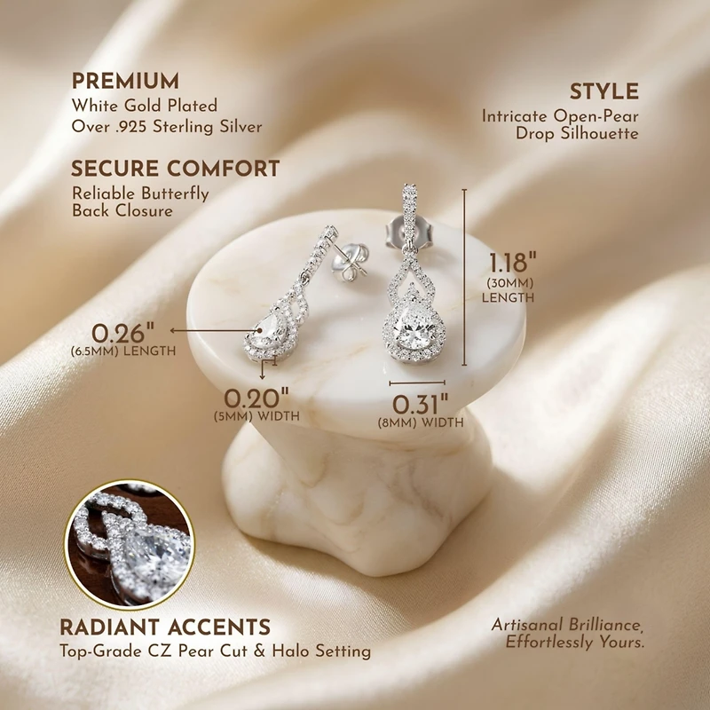 Sterling Silver with Rhodium Plated Clear Pear and Round Cubic Zirconia Halo with Open Pear Drop Earrings