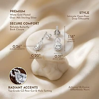 Sterling Silver with Rhodium Plated Clear Pear and Round Cubic Zirconia Halo with Open Pear Drop Earrings