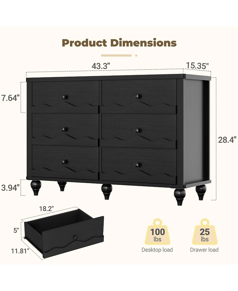 Aheaplus 43" Wooden Dresser with 6 Drawer, Closet Storage Cabinet