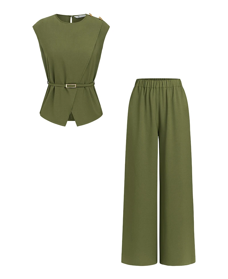 Cupshe Women's Elegant Crew Neck Belted Top and Wide Leg Pants Two-Piece Set