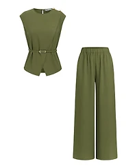 Cupshe Women's Elegant Crew Neck Belted Top and Wide Leg Pants Two-Piece Set