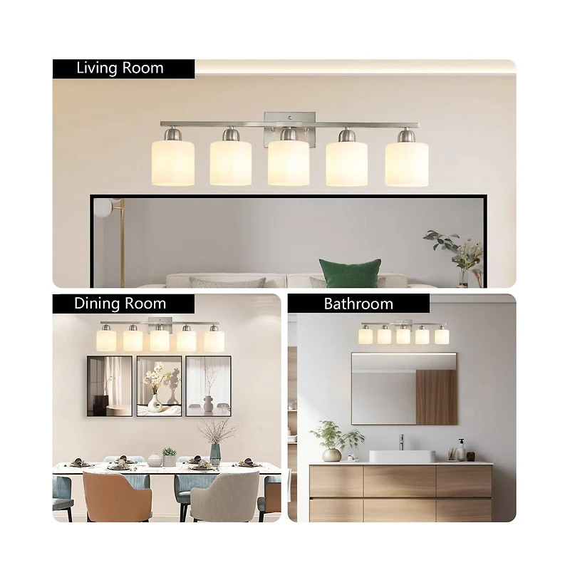 Busdays 5 Light Brushed Nickel Modern Bathroom Light Fixture Vanity Light Over Mirror Wall Sconce Frosted Glass Shades E26 Socket Bulbs Not Included
