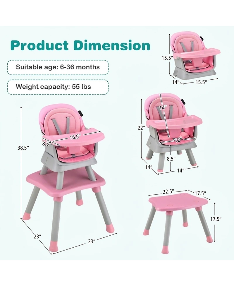 Gouun Toddler 6 in 1 Convertible High Chair with Adjustable Removable Tray and Booster