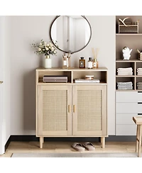 homfan Modern Rattan Buffet Cabinet,4-Door Sideboard with Adjustable Shelf, Multipurpose Storage for Kitchen, Dining, Ideal as Coffee Bar & Tv Stand