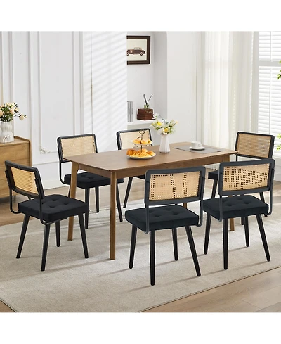 homfan Set of 4/6 Dining Chairs, Linen Upholstered Rattan Chairs with Cane Backrest and Wood Legs for Room or Kitchen