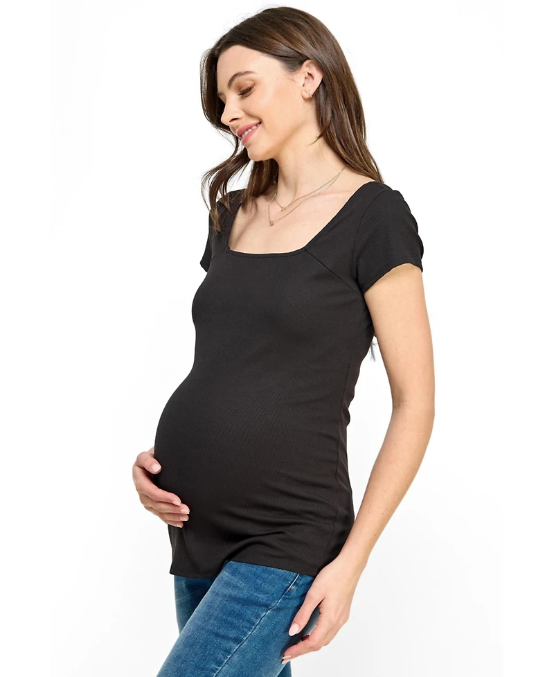 Hello Miz Women's Maternity Ribbed Square Neck Short Sleeve Top