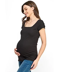 Hello Miz Women's Maternity Ribbed Square Neck Short Sleeve Top
