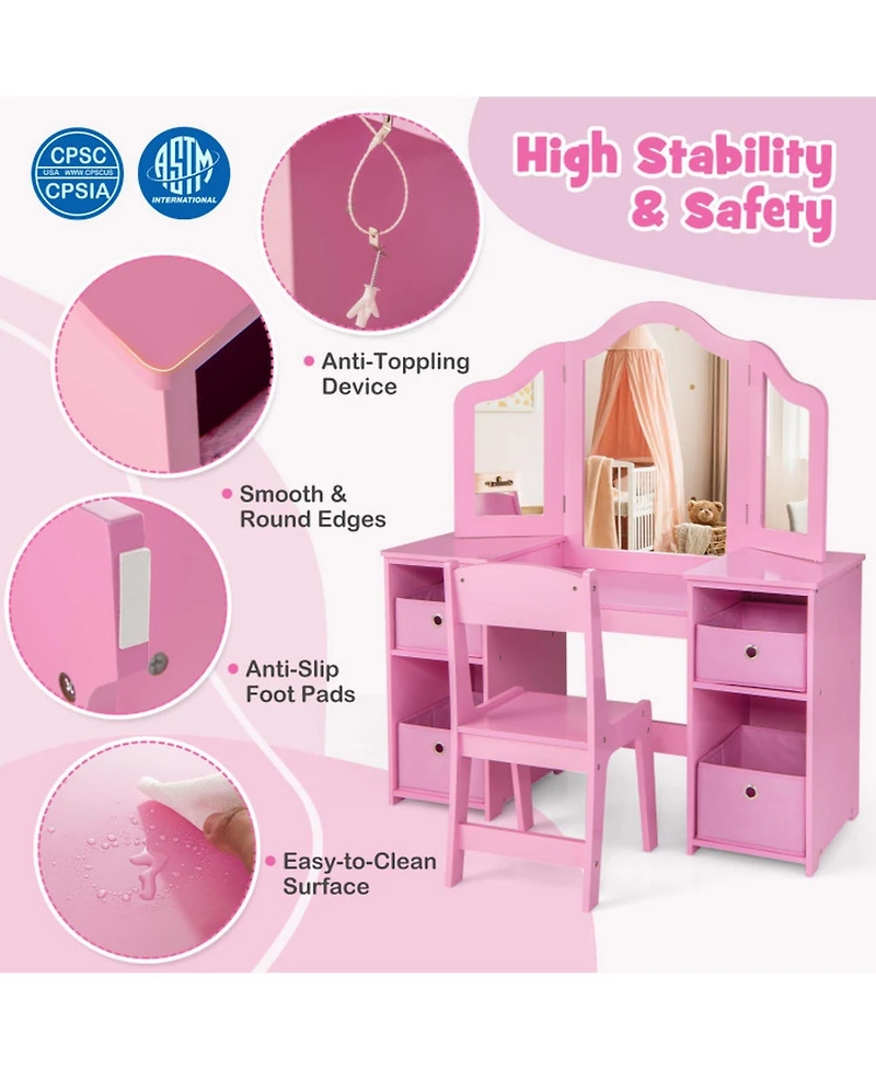 Gouun Kids Vanity Table and Chair Set with 3 Removable Mirrors