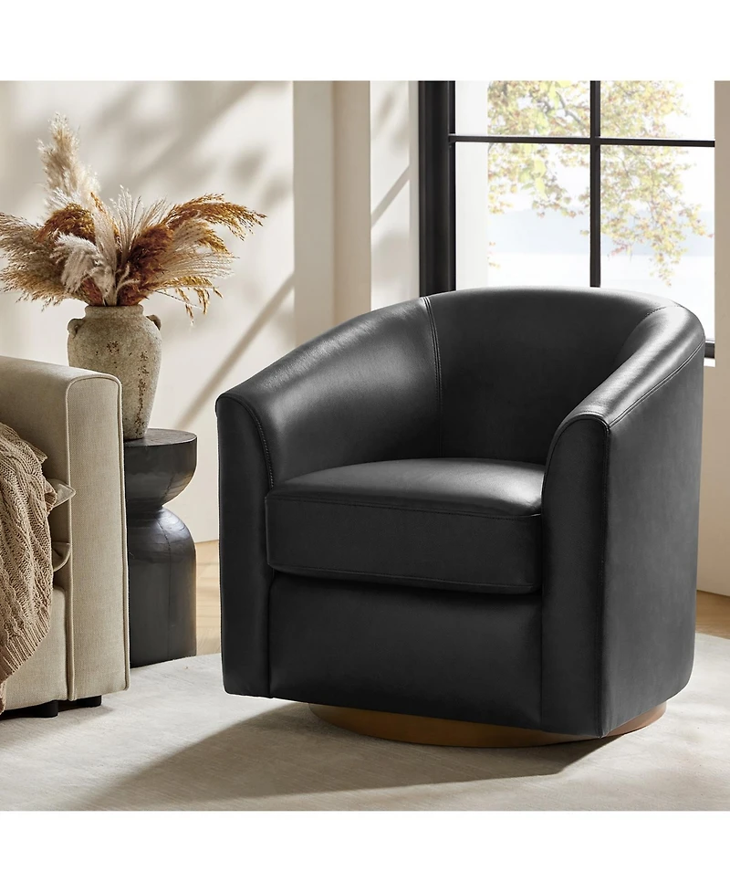 Hulala Home Amiir 30.5'' Wide Genuine Leather Swivel Barrel Chair with Solid Wood Base