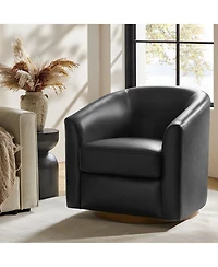 Hulala Home Amiir 30.5'' Wide Genuine Leather Swivel Barrel Chair with Solid Wood Base