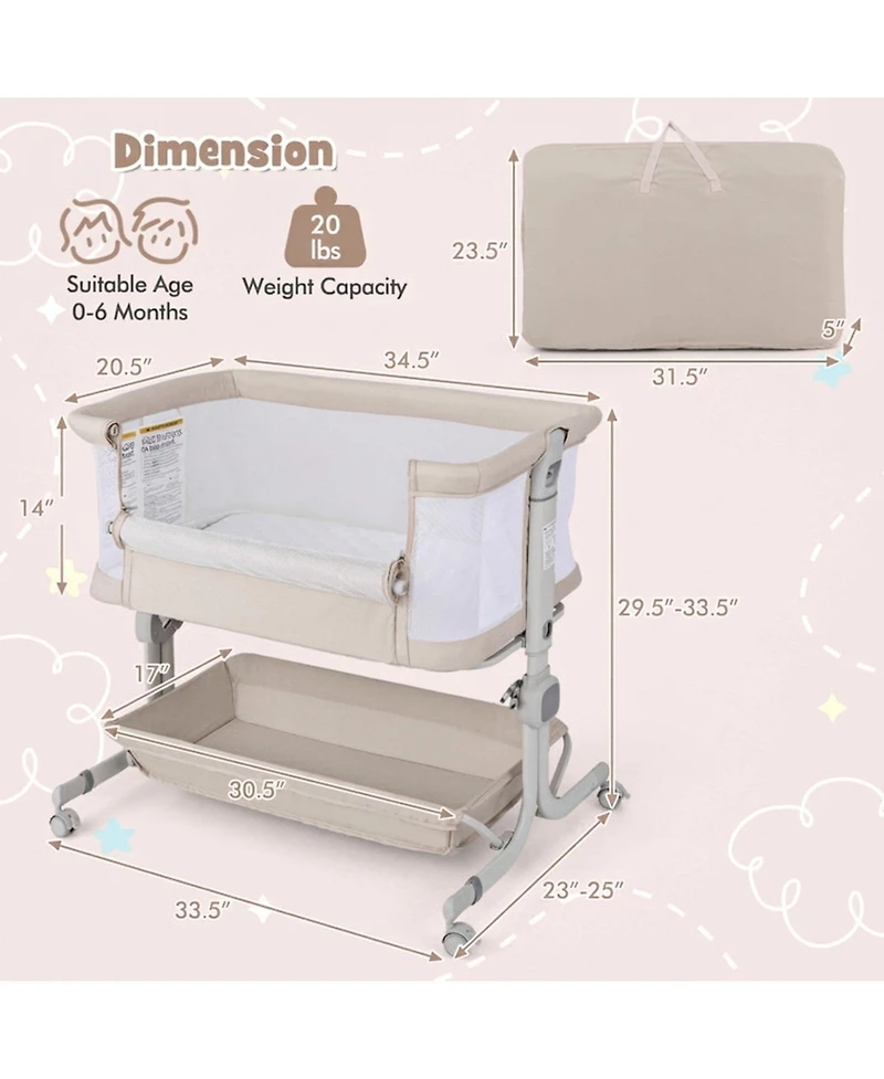 Gouun Baby 3-in-1 Bedside Bassinet Sleeper with 6 Adjustable Heights
