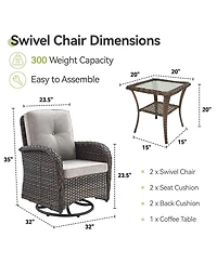 Pocassy 3Pieces Patio Furniture Set, Outdoor Swivel Rocker Chairs, Wicker Bistro Set with Rocking Chair, Thick Cushions and Glass Coffee Table