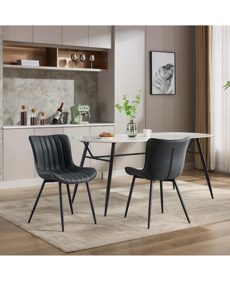 homfan Set of 2 Mid-Century Modern Dining Chairs, Faux Leather Upholstered Seat, Armless, Backrest, Black Metal Legs, for Dining Room