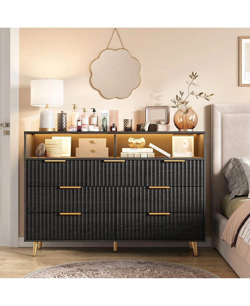 homfan 7 Drawer Fluted Dresser for Bedroom, 53.9" Wide Chest of Drawers with Metal Handles, Wooden Tv Stand, Storage Organizer Closet, Living Room