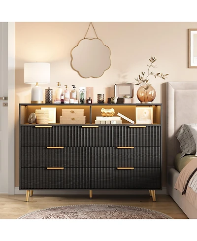 homfan 7 Drawer Fluted Dresser for Bedroom, 53.9" Wide Chest of Drawers with Metal Handles, Wooden Tv Stand, Storage Organizer Closet, Living Room