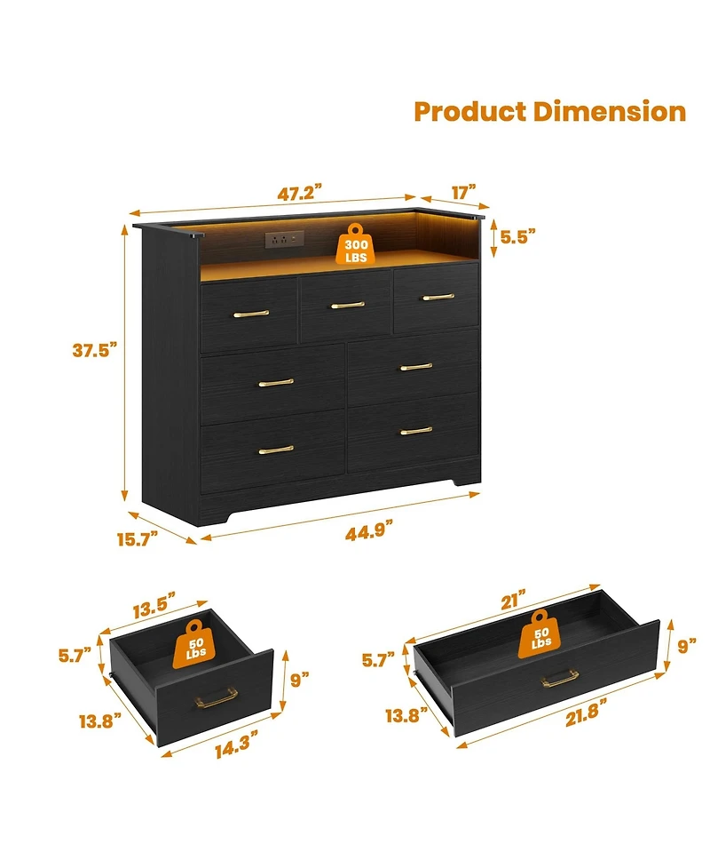 homfan Drawer Dresser with Led Lights and Charging Station - Modern Chest of Drawers for Bedroom, Living Room, Entryway