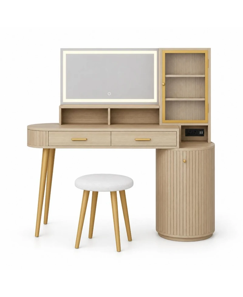 homfan 47.2" Vanity Desk with Lighted Mirror, Charging Station, Drawer, Cabinet and Stool, Makeup Table for Bedroom