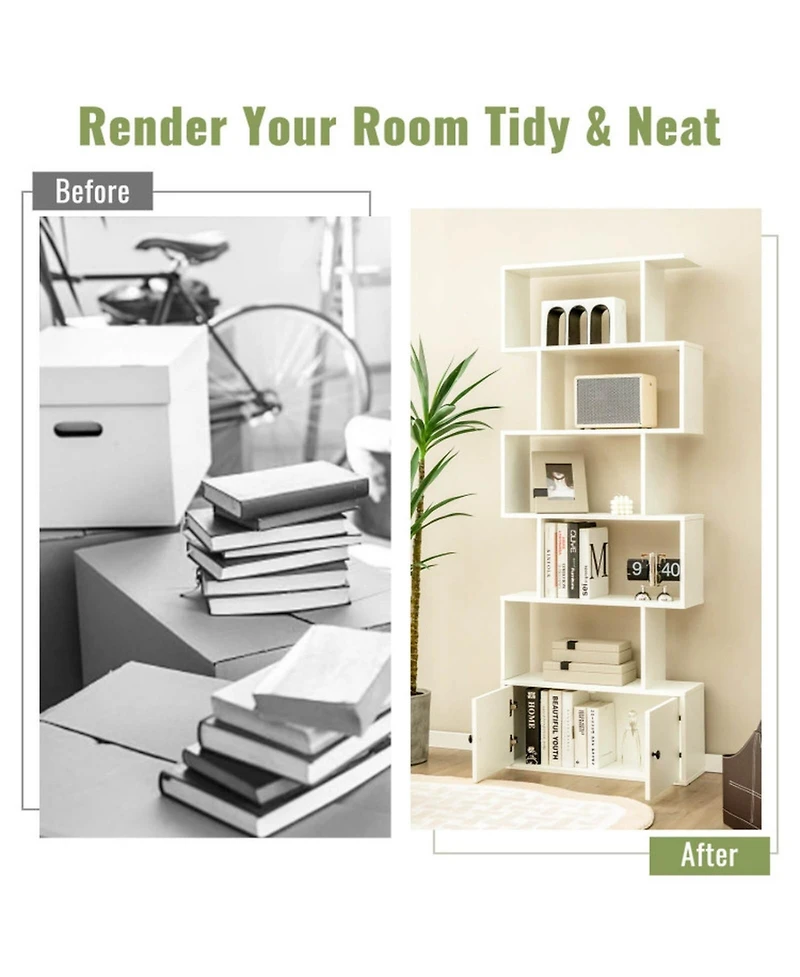 Gouun 6-Tier S-Shaped Bookshelf Freestanding Cabinet Doors Display