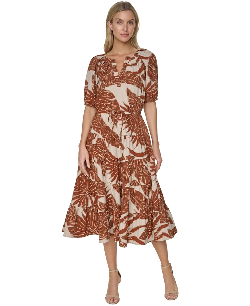 Calvin Klein Women's Puff-Sleeve Floral Tiered Midi Dress