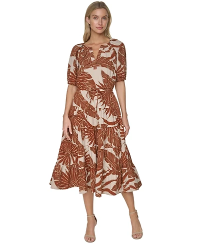 Calvin Klein Women's Puff-Sleeve Floral Tiered Midi Dress