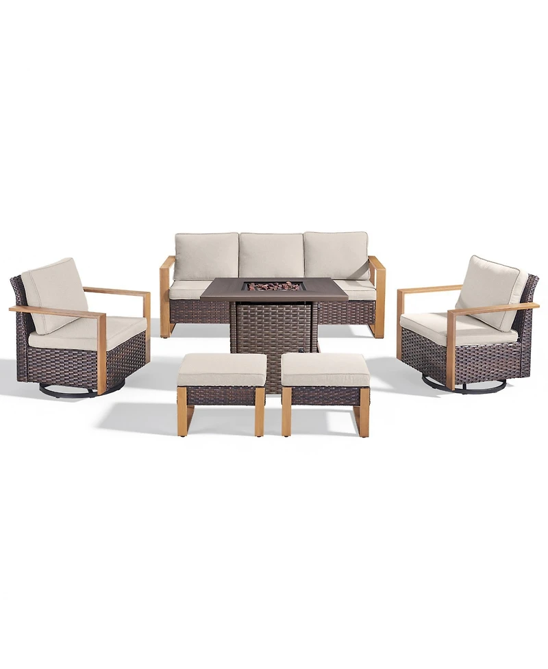Pocassy 6-Piece Wicker Patio Furniture Set, Swivel Chairs, Outdoor Deep Seating Conversation Sets with Fire Pit Table and Ottomans