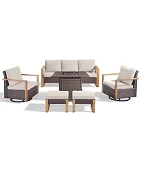 Pocassy 6-Piece Wicker Patio Furniture Set, Swivel Chairs, Outdoor Deep Seating Conversation Sets with Fire Pit Table and Ottomans