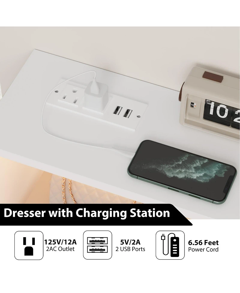 homfan 6-Drawer Dresser with Charging Station and Led Lights,Engineered Wood Storage Chest with Gold Metal Legs,Anti-Tip Multi-Functional Home Cabinet