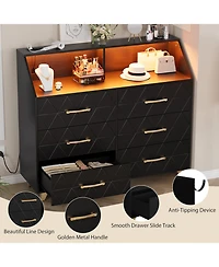 homfan 6-Drawer Dresser with Charging Station and Led Lights,Engineered Wood Storage Chest Gold Metal Legs,Anti-Tip Multi-Functional Home Cabinet