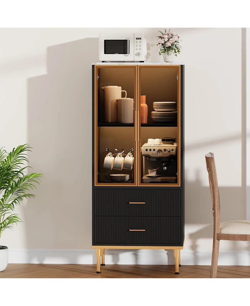 homfan Glass Door Storage Cabinet with Wave Drawers, Tall Accent Shelves for Living Room Dining