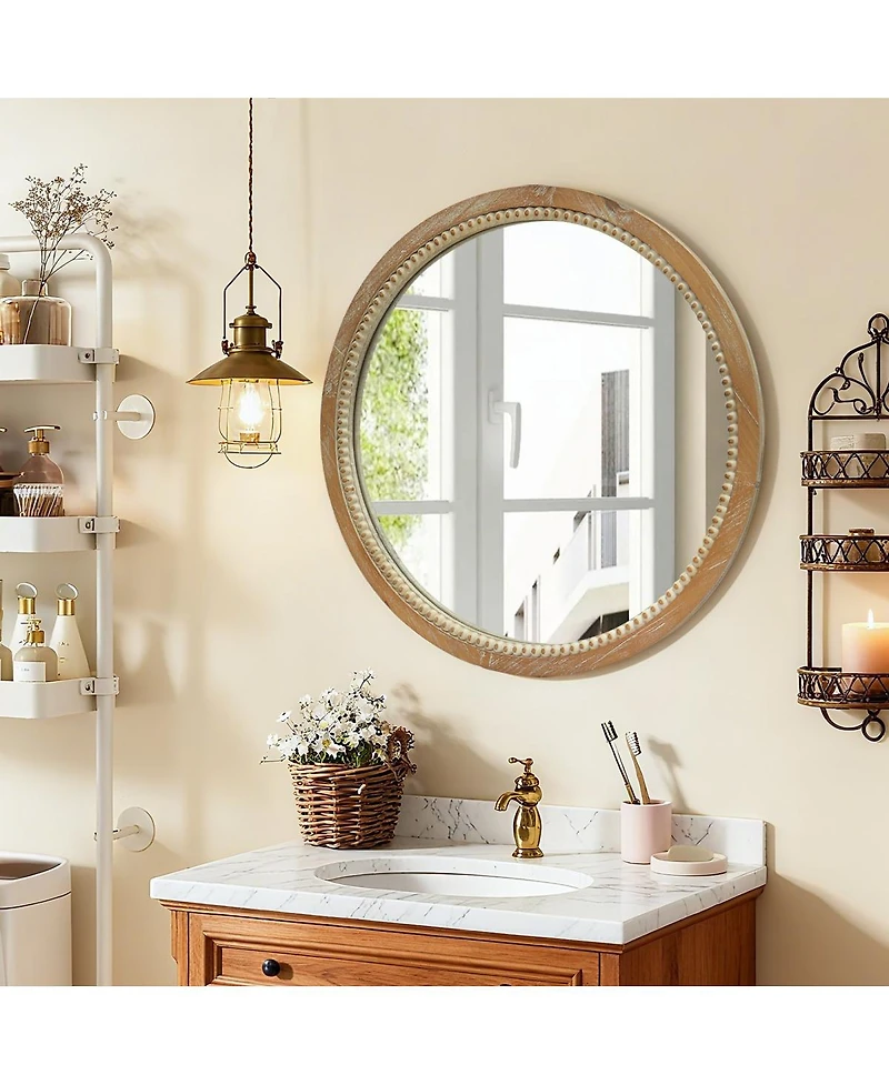 Laoties 23.6" Farmhouse Round Wall Mirror Beaded Trim for Living Room and Bathroom