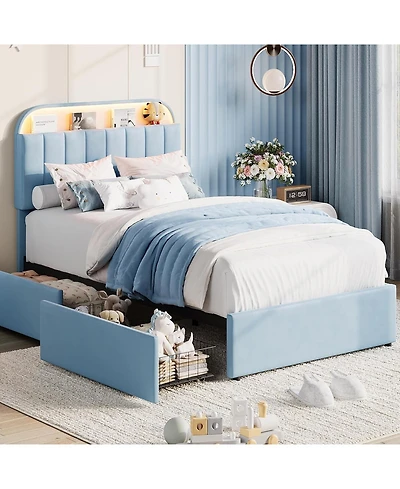 gaomon Bed Frame with 2 Flexible Drawers, Upholstered Platform Bookcase Headboard and Led Lights