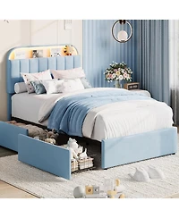 gaomon Bed Frame with 2 Flexible Drawers, Upholstered Platform Bookcase Headboard and Led Lights