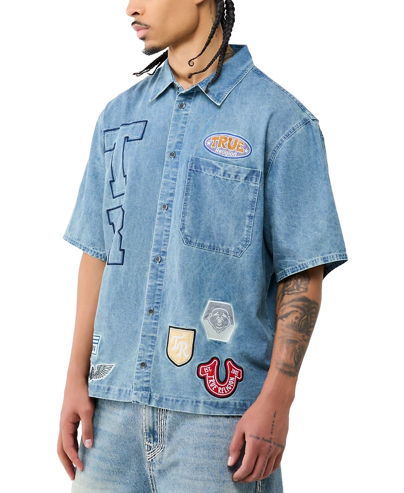 True Religion Men's Denim Patchwork Short-Sleeve Shirt