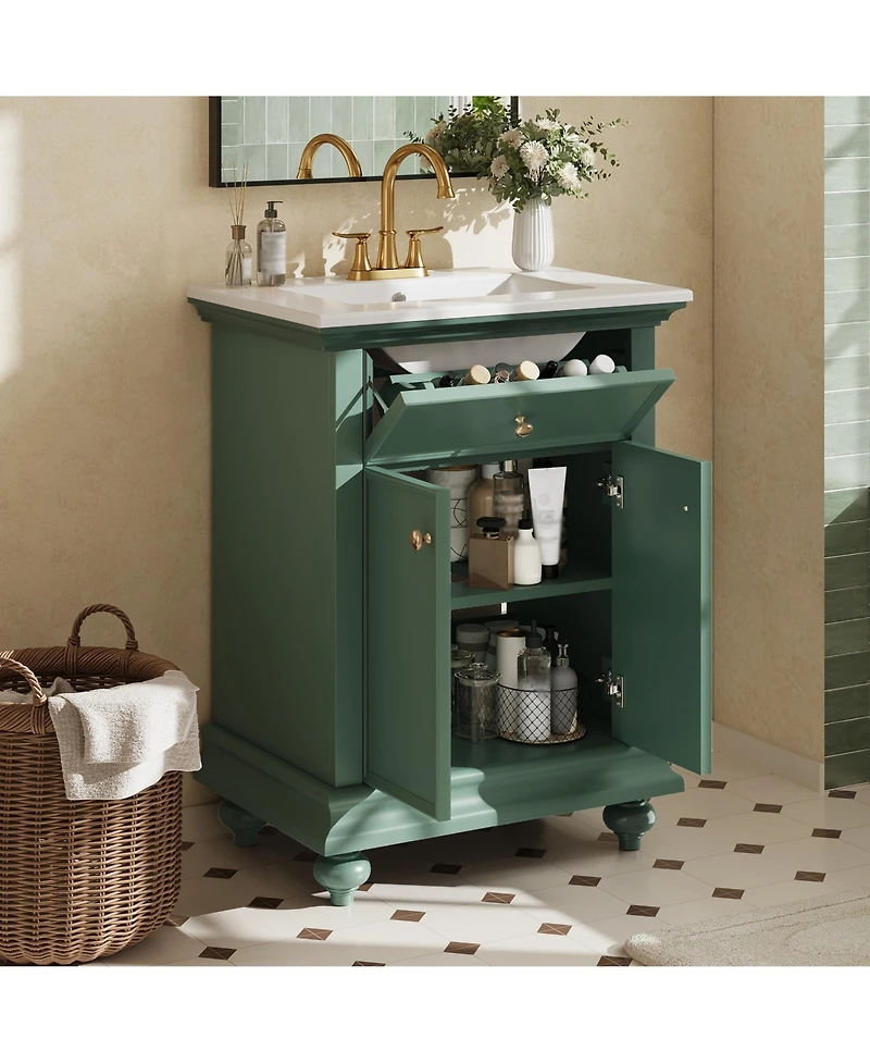 Phying 24 Inch Modern French Bathroom Vanity Elegant Freestanding Bathroom Cabinet with Ball Turned Legs Vintage Home Bathroom Furniture