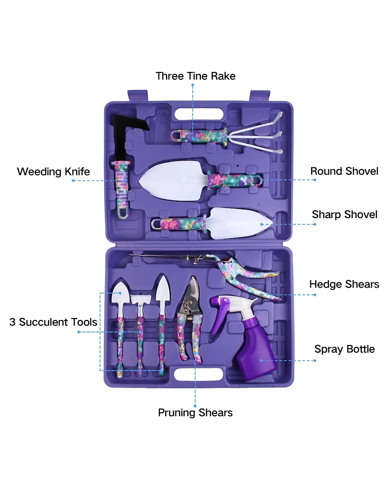 Xdovet Garden Tools Set 10Pieces Floral Handle Trowel Rake Weeder Pruner Shears Sprayer Case