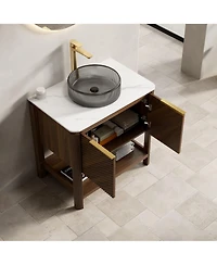 Phying 30 Inch Indigo Bathroom Vanity with Sink Freestanding Dark Walnut Woodgrain Plywood Storage Cabinet with Open Shelf for Bathroom Decor