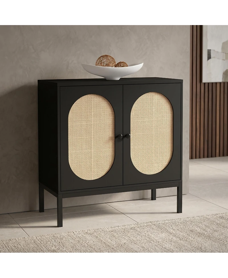 homfan 36 Inch Engineered Wood Oval Rattan Door Sideboard Buffet Cabinet, Storage Credenza with Metal Frame for Dining Room Living