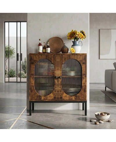 homfan 36 Inch Engineered Wood Oval Rattan Door Sideboard Buffet Cabinet, Storage Credenza with Metal Frame for Dining Room Living