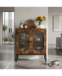 homfan 36 Inch Engineered Wood Oval Rattan Door Sideboard Buffet Cabinet, Storage Credenza with Metal Frame for Dining Room Living