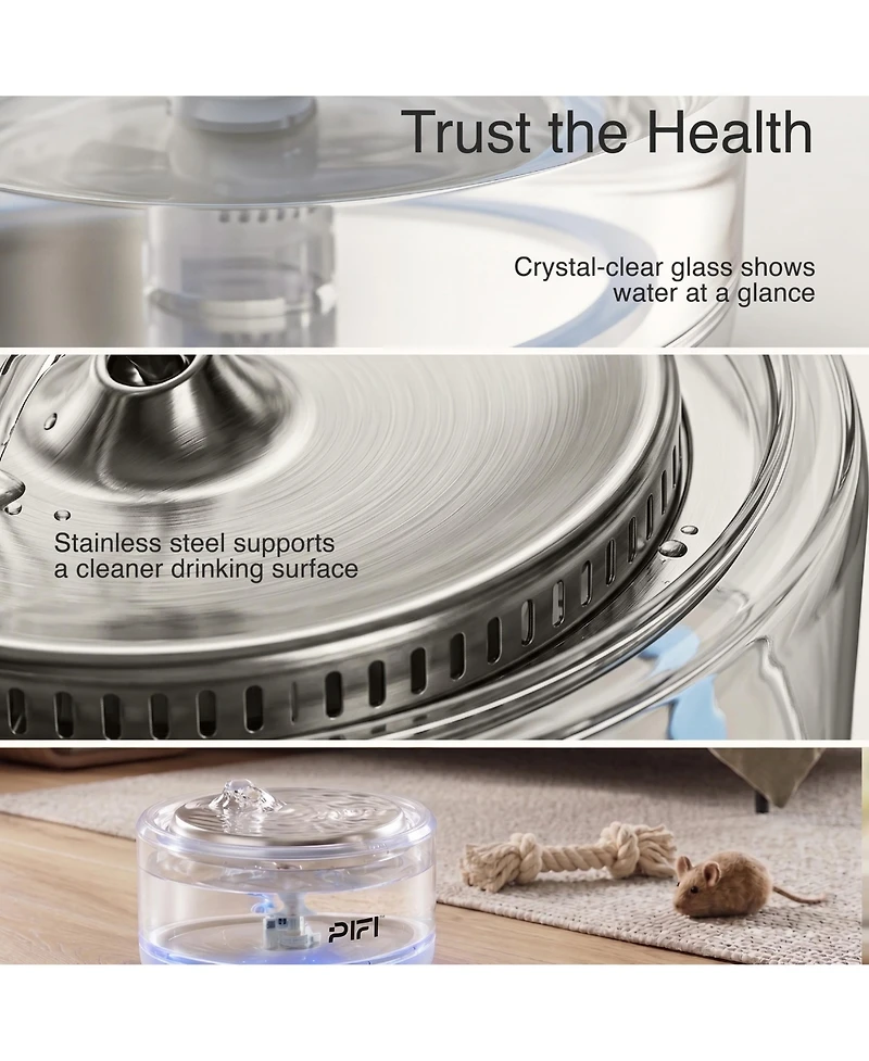 PiFi Sapphire Dog Glass Water Fountain, 4L, Ultra-Quiet