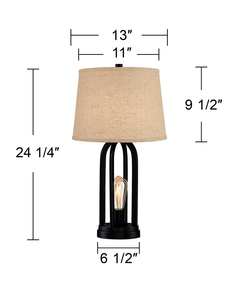 360 Lighting Marcel Industrial Table Lamps 24 1/4" High Set of 2 Black with Usb Port Led Nightlight Burlap Drum Shade for Bedroom Living Room Desk