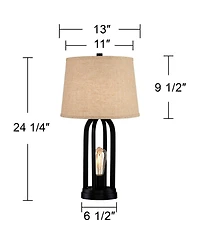 360 Lighting Marcel Industrial Table Lamps 24 1/4" High Set of 2 Black with Usb Port Led Nightlight Burlap Drum Shade for Bedroom Living Room Desk