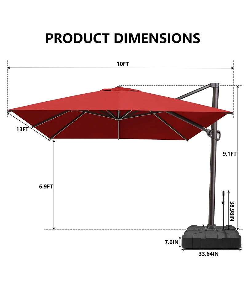 Pellebant Outdoor Patio 10X13Feet Aluminum Cantilever Umbrella with Rod Wheel Base