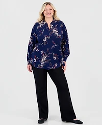 Jones New York Plus Half Placket Popover Floral Long-Sleeve Blouse