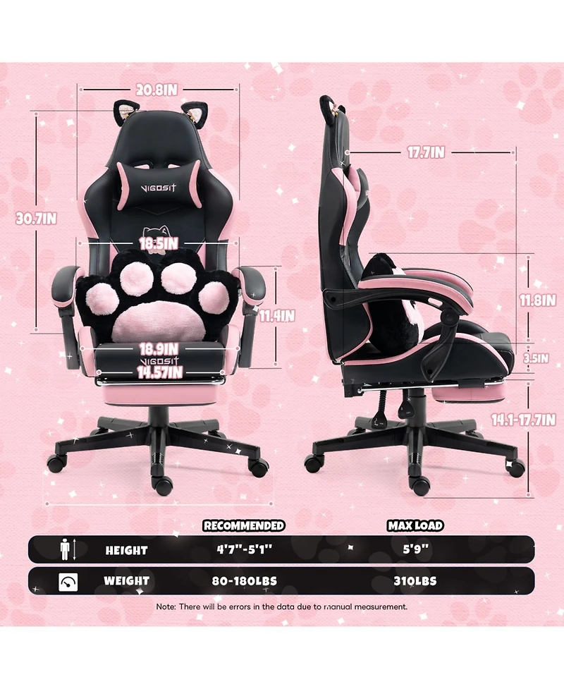 Rainsken Gaming Chair Cute, with Cat Ears Paw Lumbar and Cushion, Leather Fabric, 6-Position Recline, 310lbs Computer