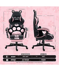 Rainsken Gaming Chair Cute, with Cat Ears Paw Lumbar and Cushion, Leather Fabric, 6-Position Recline, 310lbs Computer