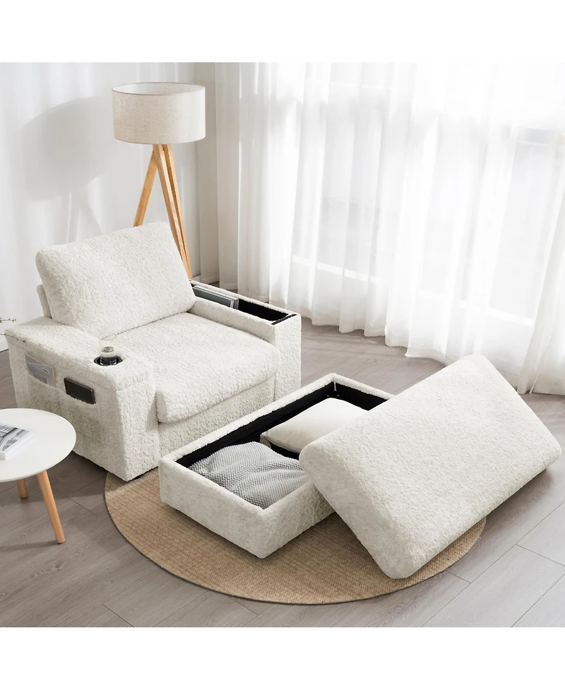 Rainsken 42" Oversized Single Sofa, Faux Rabbit Fur Armchair with Cup Holders, Storage Armrest and Ottoman, Deep Seat Recliner for Living Room