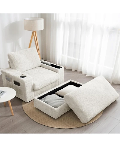 Rainsken 42" Oversized Single Sofa, Faux Rabbit Fur Armchair with Cup Holders, Storage Armrest and Ottoman, Deep Seat Recliner for Living Room